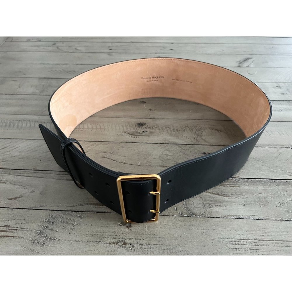 Alexander McQueen Black Leather Wide Belt with Gold Buckle - Picture 8 of 16
